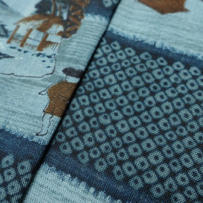 男性用 襦袢 美品 しつけ糸付き モスリン 風景柄 単衣仕立て 身丈134cm 裄丈66cm 青・紺_画像8