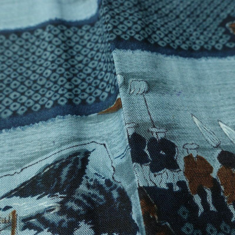男性用 襦袢 美品 しつけ糸付き モスリン 風景柄 単衣仕立て 身丈134cm 裄丈66cm 青・紺_画像9
