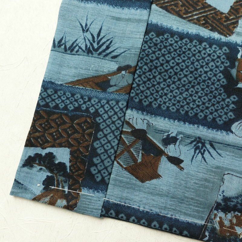 男性用 襦袢 美品 しつけ糸付き モスリン 風景柄 単衣仕立て 身丈134cm 裄丈66cm 青・紺_画像11