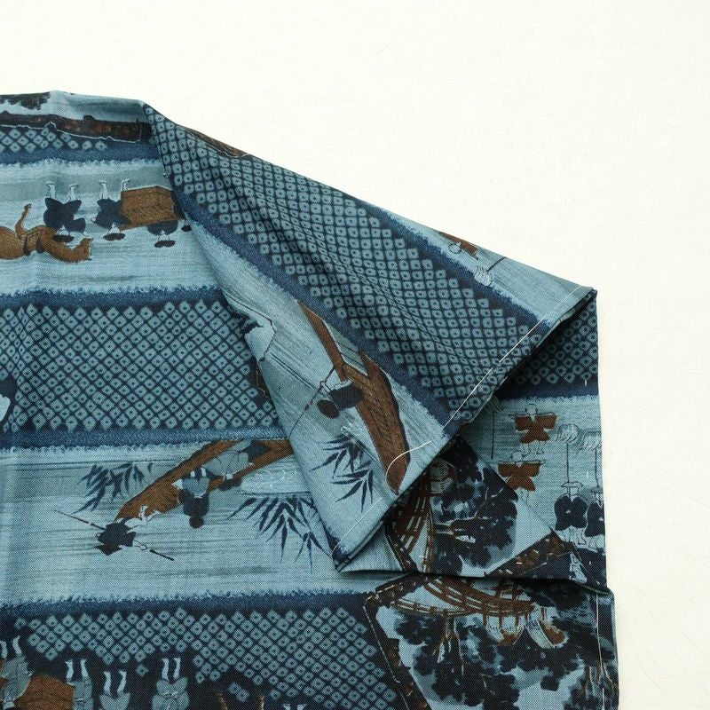 男性用 襦袢 美品 しつけ糸付き モスリン 風景柄 単衣仕立て 身丈134cm 裄丈66cm 青・紺_画像13