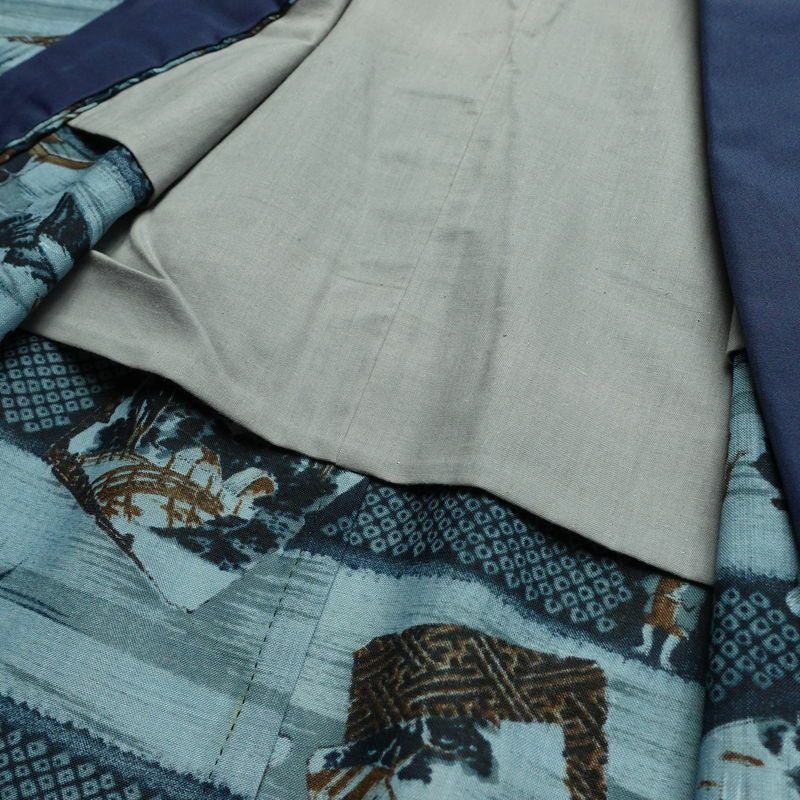 男性用 襦袢 美品 しつけ糸付き モスリン 風景柄 単衣仕立て 身丈134cm 裄丈66cm 青・紺_画像17