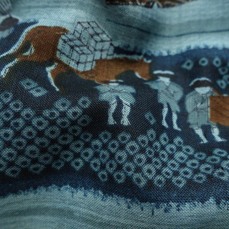 男性用 襦袢 美品 しつけ糸付き モスリン 風景柄 単衣仕立て 身丈134cm 裄丈66cm 青・紺_画像20