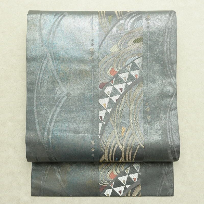 名古屋帯 秀逢錦 太鼓柄 良品 正絹 古典柄 名古屋仕立て 箔 金糸 帯 グレー_画像1