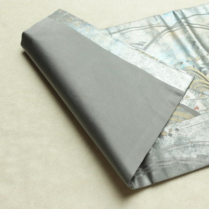 名古屋帯 秀逢錦 太鼓柄 良品 正絹 古典柄 名古屋仕立て 箔 金糸 帯 グレー_画像9