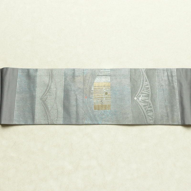 名古屋帯 秀逢錦 太鼓柄 良品 正絹 古典柄 名古屋仕立て 箔 金糸 帯 グレー_画像13