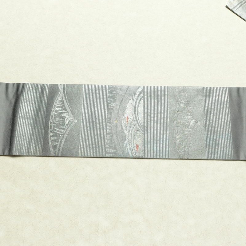 名古屋帯 秀逢錦 太鼓柄 良品 正絹 古典柄 名古屋仕立て 箔 金糸 帯 グレー_画像14
