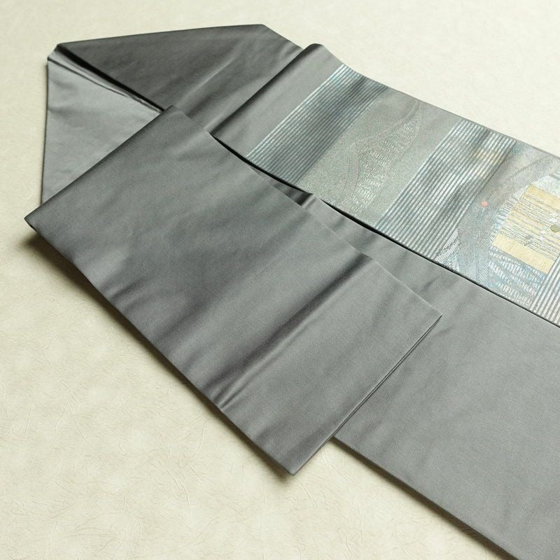 名古屋帯 秀逢錦 太鼓柄 良品 正絹 古典柄 名古屋仕立て 箔 金糸 帯 グレー_画像20