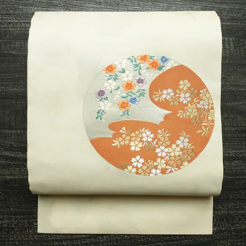 名古屋帯 太鼓柄 良品 正絹 花柄 名古屋仕立て 金糸 帯 クリーム_画像1