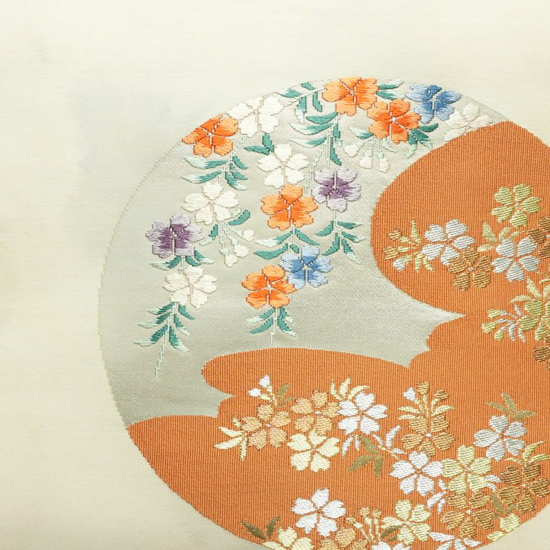 名古屋帯 太鼓柄 良品 正絹 花柄 名古屋仕立て 金糸 帯 クリーム_画像2