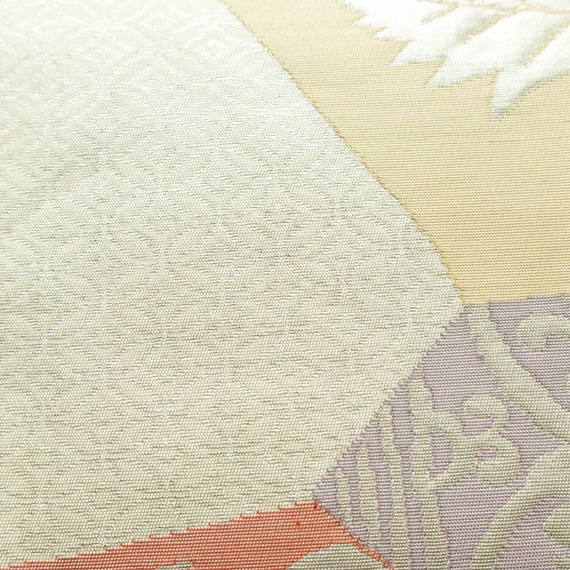 袋帯 六通柄 フォーマル用 正絹 木の葉・植物柄 箔 帯 クリーム_画像5