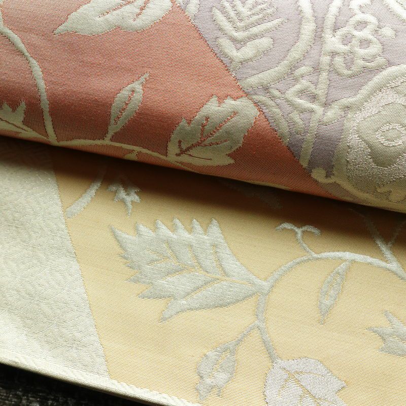 袋帯 六通柄 フォーマル用 正絹 木の葉・植物柄 箔 帯 クリーム_画像6