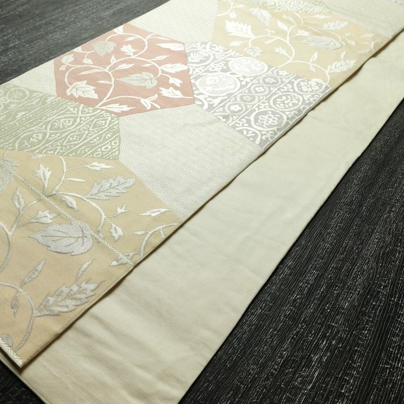 袋帯 六通柄 フォーマル用 正絹 木の葉・植物柄 箔 帯 クリーム_画像7