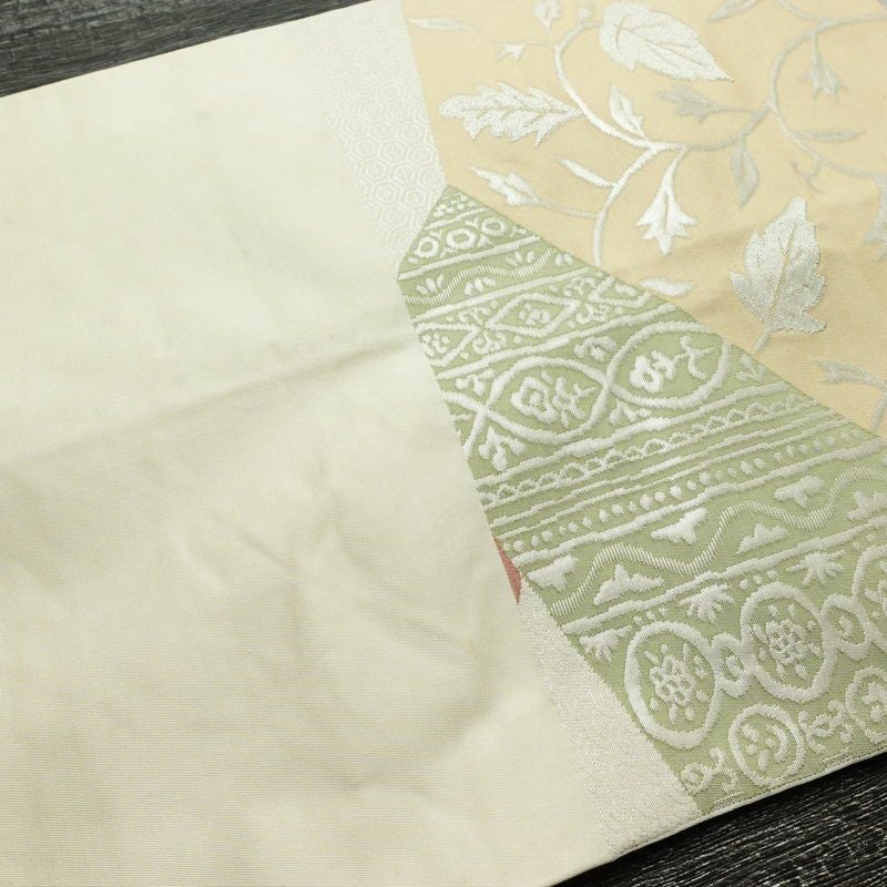 袋帯 六通柄 フォーマル用 正絹 木の葉・植物柄 箔 帯 クリーム_画像14