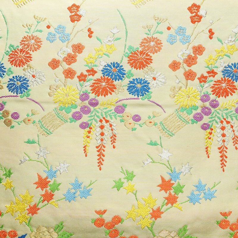 名古屋帯 太鼓柄 正絹 花柄 名古屋仕立て 金糸 銀糸 帯 ポケット付 クリーム_画像2