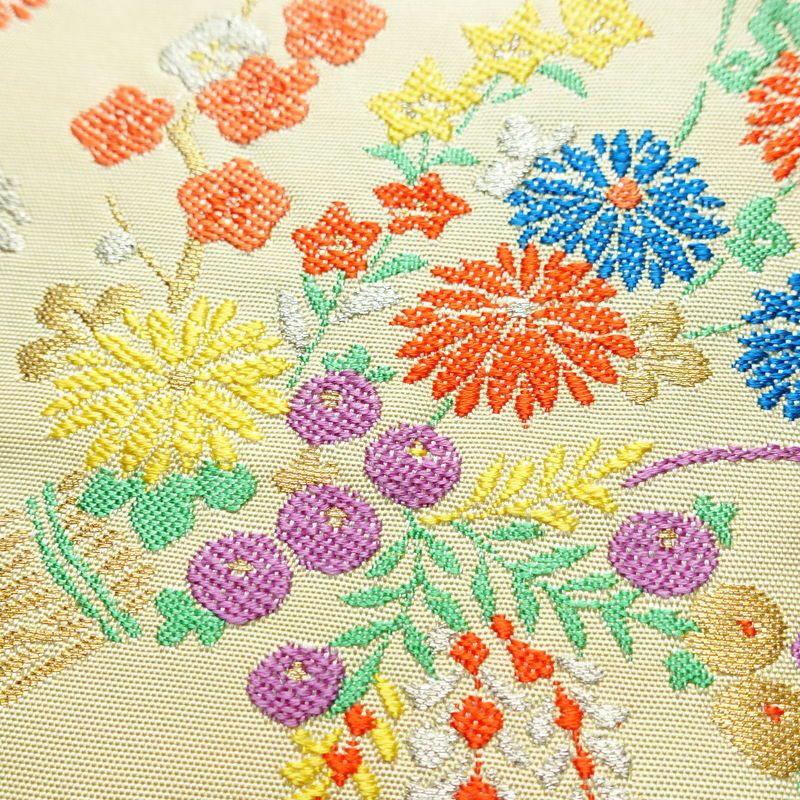 名古屋帯 太鼓柄 正絹 花柄 名古屋仕立て 金糸 銀糸 帯 ポケット付 クリーム_画像3