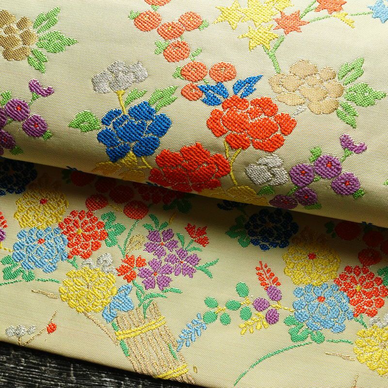 名古屋帯 太鼓柄 正絹 花柄 名古屋仕立て 金糸 銀糸 帯 ポケット付 クリーム_画像5