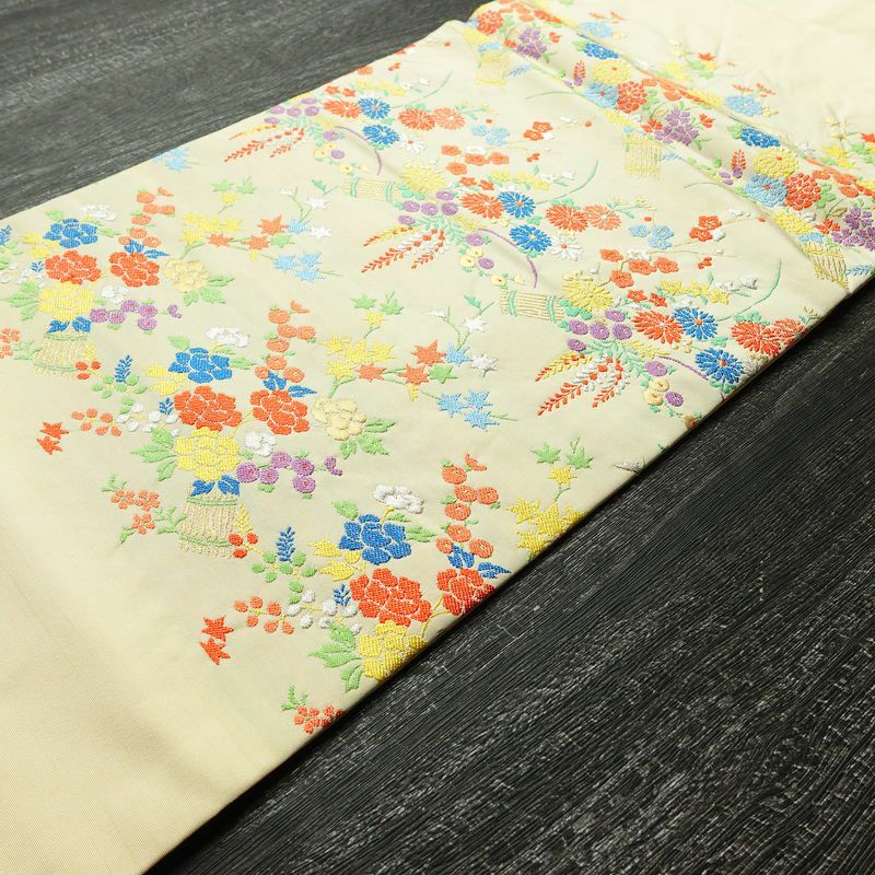 名古屋帯 太鼓柄 正絹 花柄 名古屋仕立て 金糸 銀糸 帯 ポケット付 クリーム_画像8