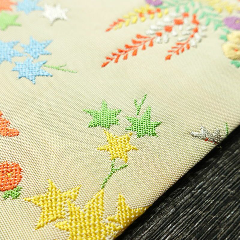 名古屋帯 太鼓柄 正絹 花柄 名古屋仕立て 金糸 銀糸 帯 ポケット付 クリーム_画像9