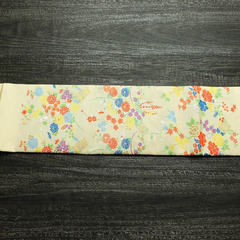 名古屋帯 太鼓柄 正絹 花柄 名古屋仕立て 金糸 銀糸 帯 ポケット付 クリーム_画像13