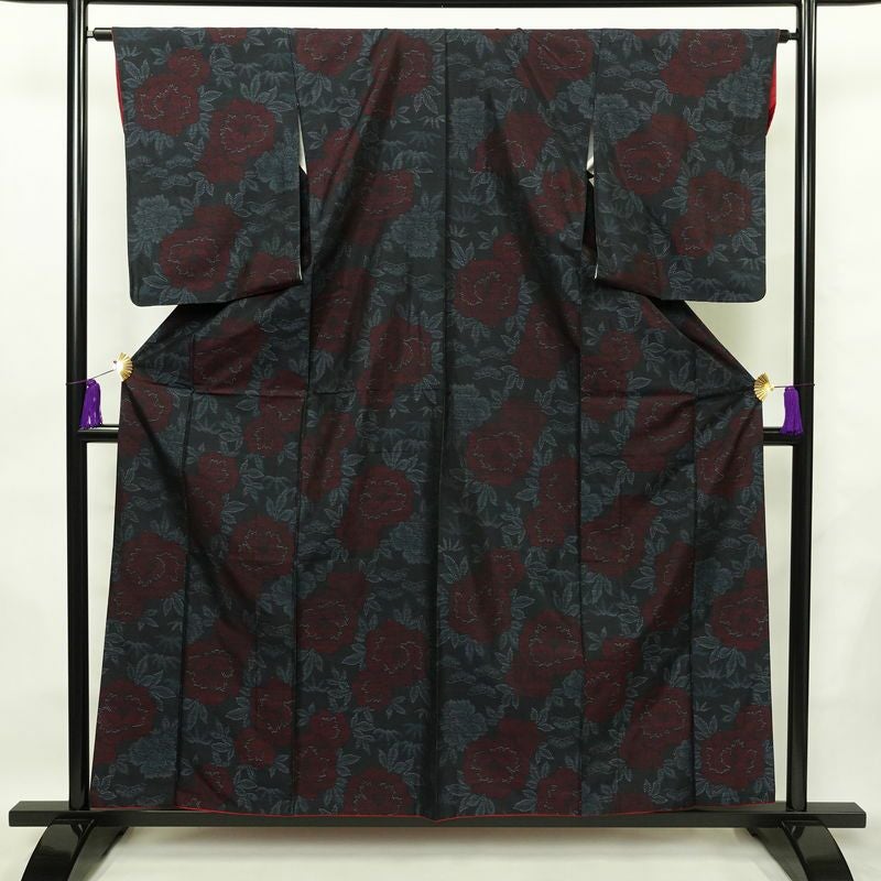 紬 正絹 花柄 袷仕立て 身丈159.5cm 裄丈64cm 着物 青・紺_画像1