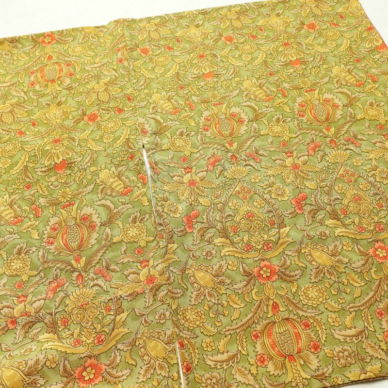 小紋 良品 縮緬 正絹 木の葉・植物柄 袷仕立て 身丈167.5cm 裄丈68cm 着物 緑・うぐいす色_画像12