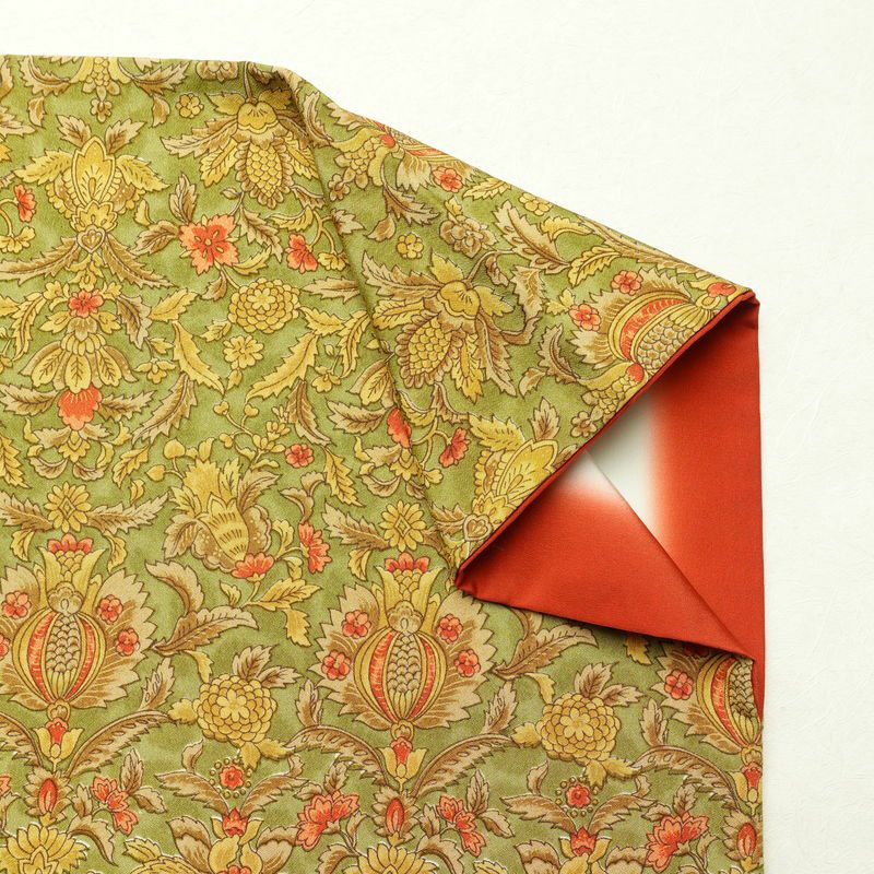 小紋 良品 縮緬 正絹 木の葉・植物柄 袷仕立て 身丈167.5cm 裄丈68cm 着物 緑・うぐいす色_画像13