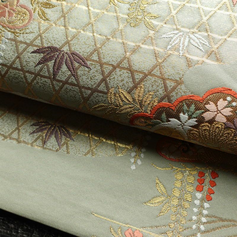 袋帯 六通柄 フォーマル用 正絹 古典柄 松 箔 金糸 帯 緑・うぐいす色_画像7