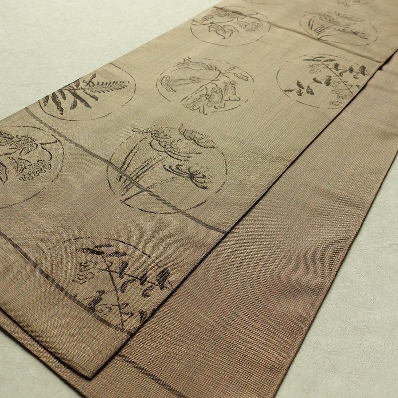 袋帯 未仕立て 六通柄 良品 一般用 正絹 木の葉・植物柄 帯 ベージュ_画像8