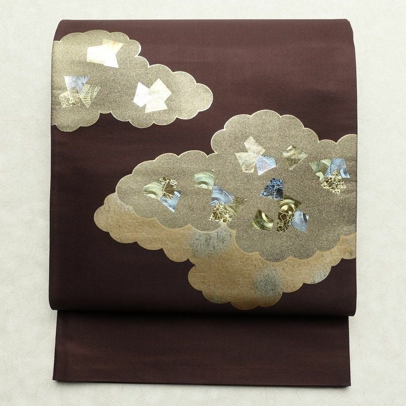 袋帯 太鼓柄 フォーマル用 正絹 雲柄 箔 帯 小豆・エンジ_画像1