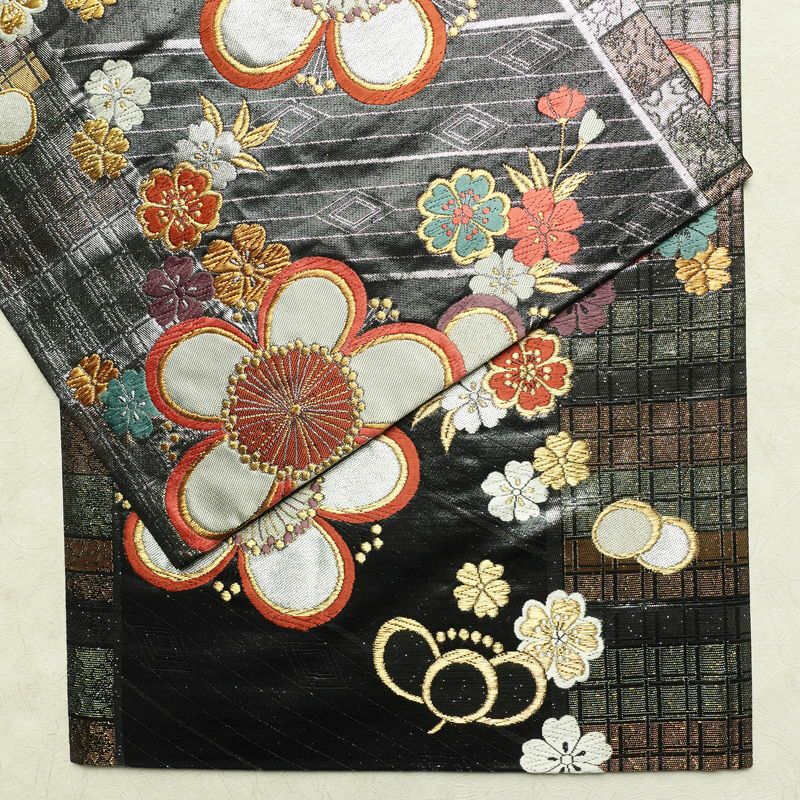 袋帯 六通柄 振袖用 正絹 花柄 桜 箔 金糸 帯 黒_画像11