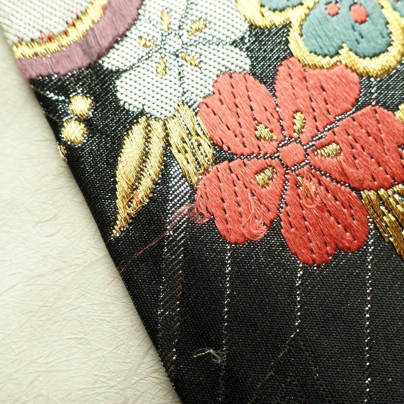 袋帯 六通柄 振袖用 正絹 花柄 桜 箔 金糸 帯 黒_画像19