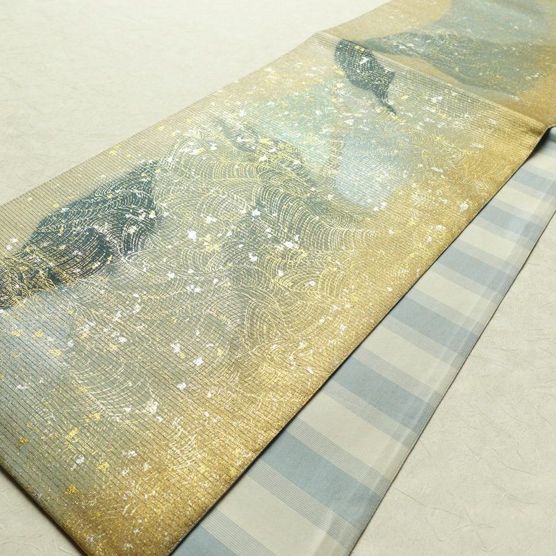 袋帯 全通柄 良品 フォーマル用 正絹 幾何学柄・抽象柄 箔 帯 多色使い_画像9