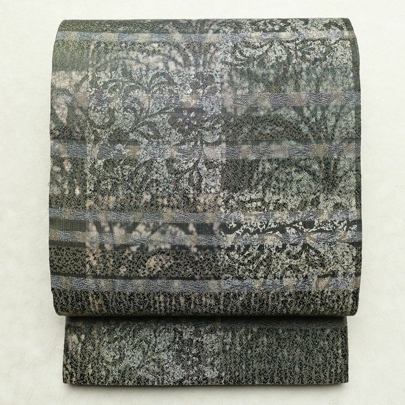 袋帯 全通柄 美品 正絹 木の葉・植物柄 金通し フォーマル 帯 緑・うぐいす色_画像1