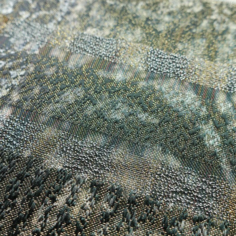 袋帯 全通柄 美品 正絹 木の葉・植物柄 金通し フォーマル 帯 緑・うぐいす色_画像5