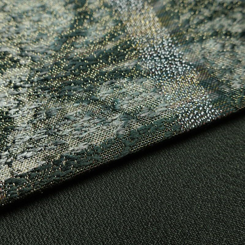 袋帯 全通柄 美品 正絹 木の葉・植物柄 金通し フォーマル 帯 緑・うぐいす色_画像12