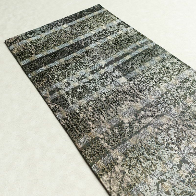 袋帯 全通柄 美品 正絹 木の葉・植物柄 金通し フォーマル 帯 緑・うぐいす色_画像16