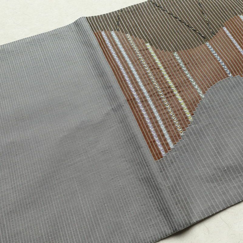 袋帯 六通柄 良品 一般用 正絹 幾何学柄・抽象柄 刺繍 帯 モダン 茶_画像16