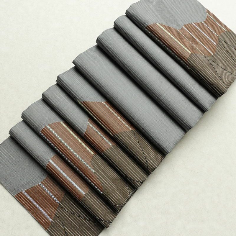 袋帯 六通柄 良品 一般用 正絹 幾何学柄・抽象柄 刺繍 帯 モダン 茶_画像18