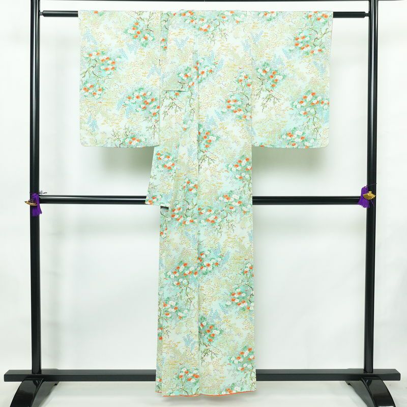 小紋 美品 総柄 正絹 花柄 袷仕立て 身丈157cm 裄丈65.5cm 一部しつけ糸付き 着物 緑・うぐいす色_画像2