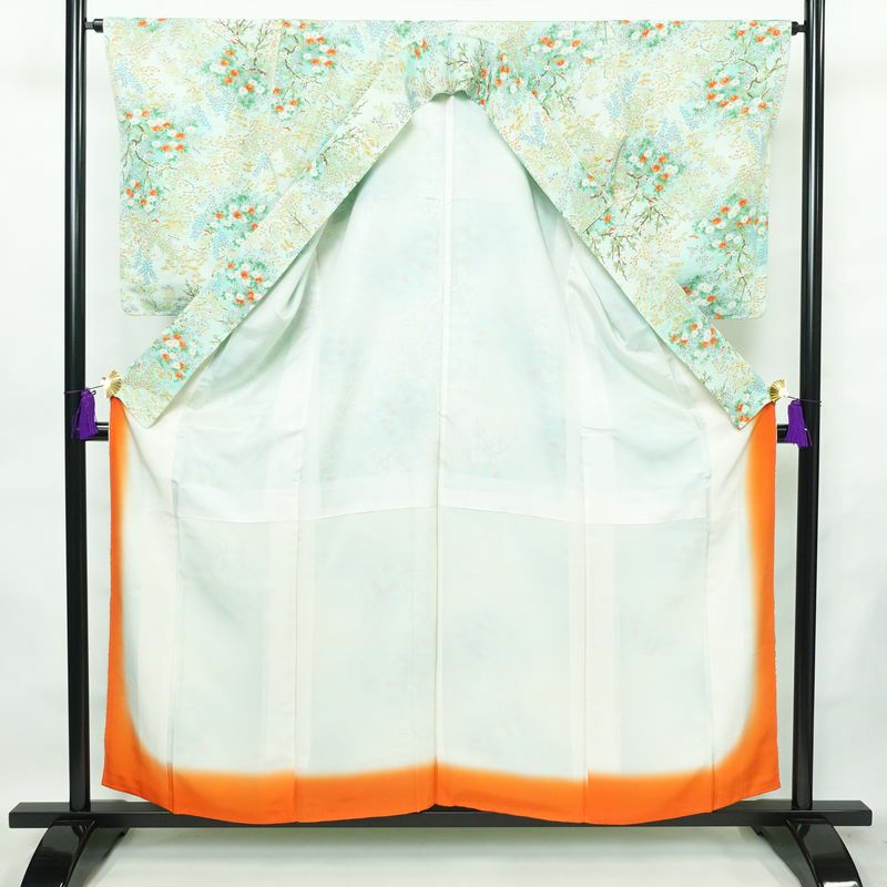 小紋 美品 総柄 正絹 花柄 袷仕立て 身丈157cm 裄丈65.5cm 一部しつけ糸付き 着物 緑・うぐいす色_画像3