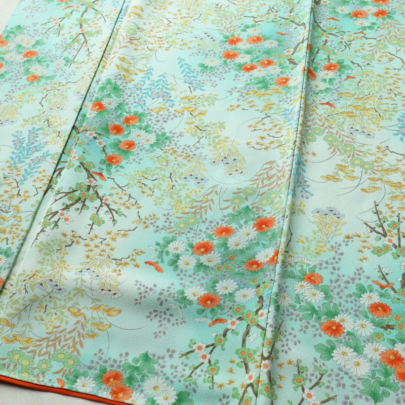 小紋 美品 総柄 正絹 花柄 袷仕立て 身丈157cm 裄丈65.5cm 一部しつけ糸付き 着物 緑・うぐいす色_画像4
