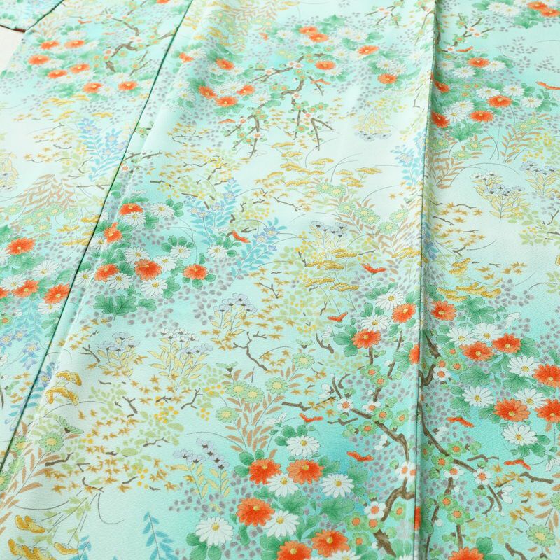小紋 美品 総柄 正絹 花柄 袷仕立て 身丈157cm 裄丈65.5cm 一部しつけ糸付き 着物 緑・うぐいす色_画像5