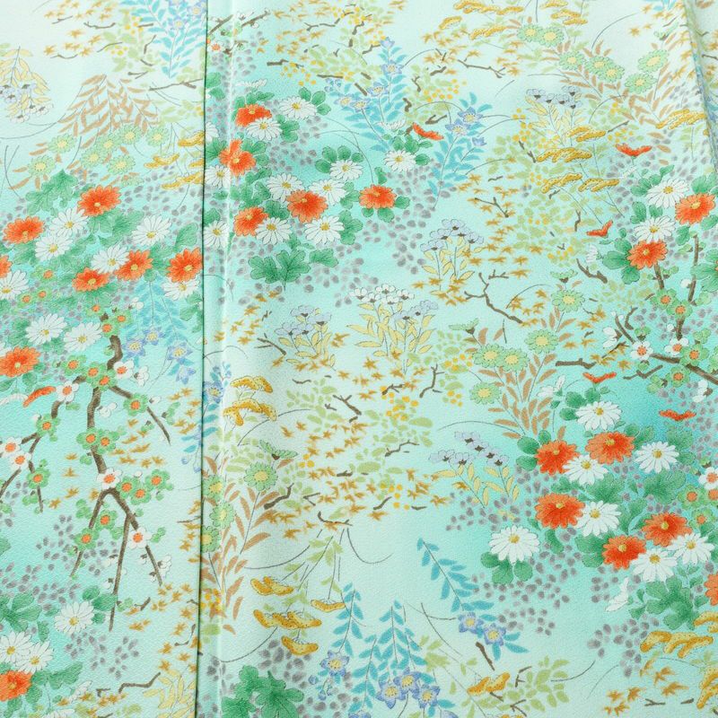 小紋 美品 総柄 正絹 花柄 袷仕立て 身丈157cm 裄丈65.5cm 一部しつけ糸付き 着物 緑・うぐいす色_画像6