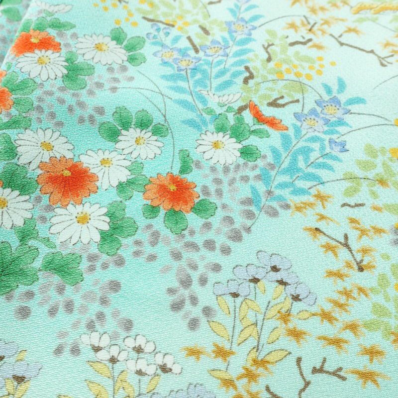 小紋 美品 総柄 正絹 花柄 袷仕立て 身丈157cm 裄丈65.5cm 一部しつけ糸付き 着物 緑・うぐいす色_画像7