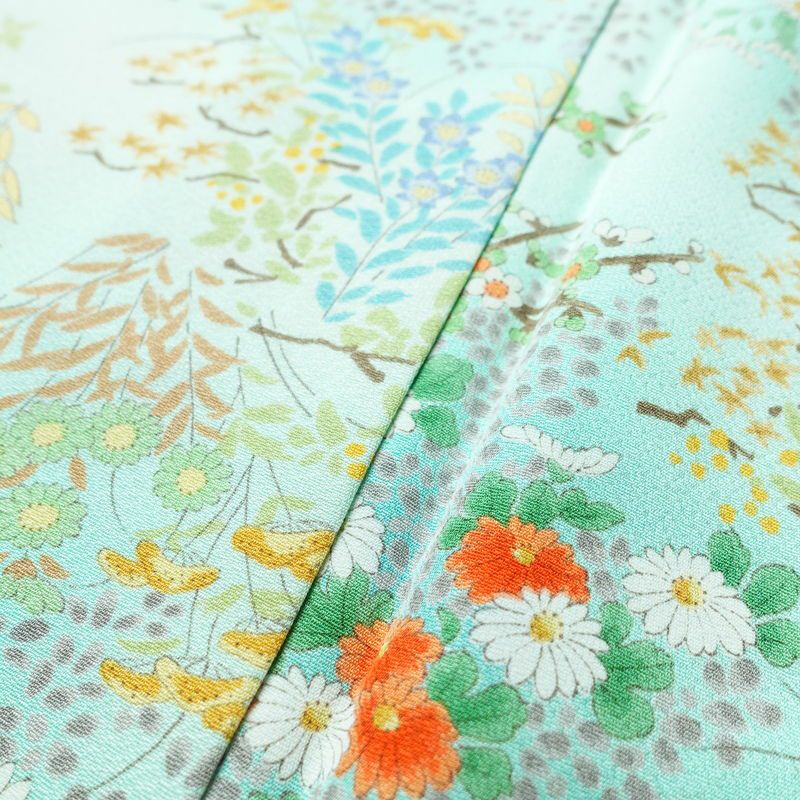 小紋 美品 総柄 正絹 花柄 袷仕立て 身丈157cm 裄丈65.5cm 一部しつけ糸付き 着物 緑・うぐいす色_画像10