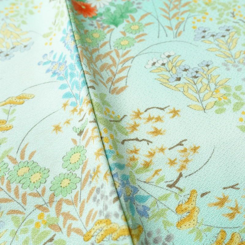 小紋 美品 総柄 正絹 花柄 袷仕立て 身丈157cm 裄丈65.5cm 一部しつけ糸付き 着物 緑・うぐいす色_画像11