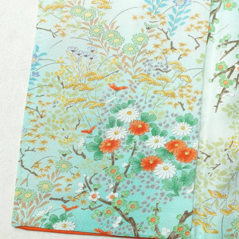 小紋 美品 総柄 正絹 花柄 袷仕立て 身丈157cm 裄丈65.5cm 一部しつけ糸付き 着物 緑・うぐいす色_画像13