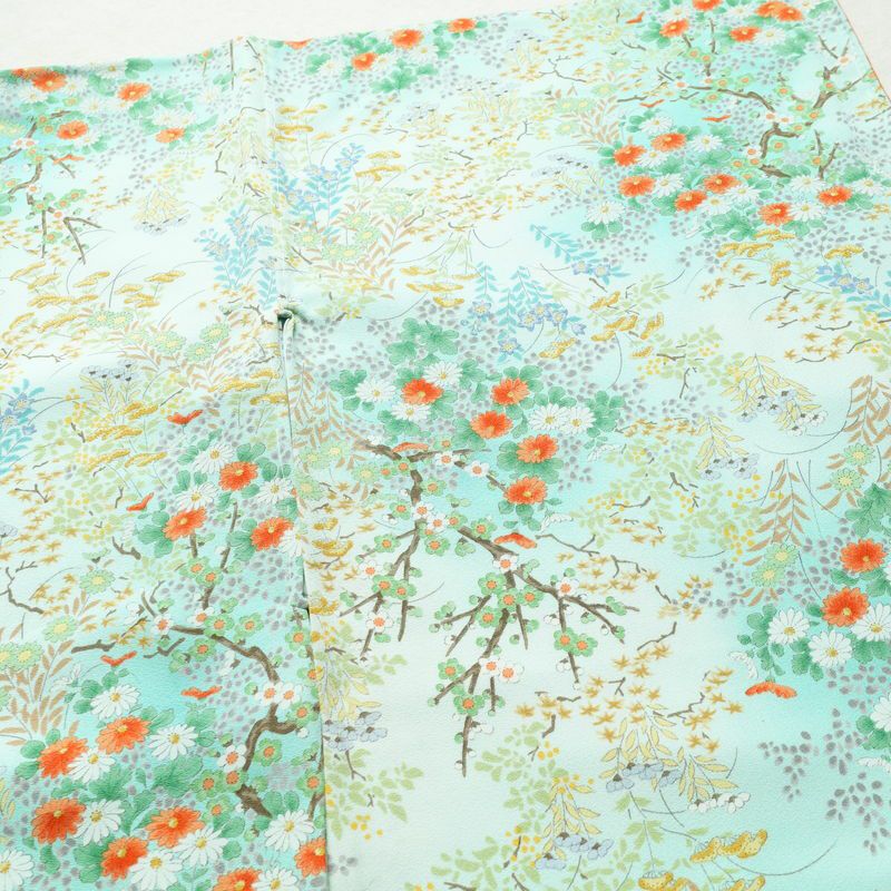 小紋 美品 総柄 正絹 花柄 袷仕立て 身丈157cm 裄丈65.5cm 一部しつけ糸付き 着物 緑・うぐいす色_画像14