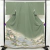 色留袖 縮緬 一つ紋付き 正絹 風景柄 袷仕立て 身丈160cm 裄丈67cm 共八掛 フォーマル 着物 緑・うぐいす色_画像1