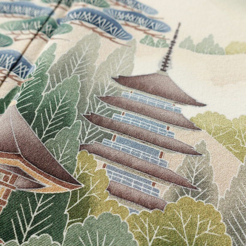 色留袖 縮緬 一つ紋付き 正絹 風景柄 袷仕立て 身丈160cm 裄丈67cm 共八掛 フォーマル 着物 緑・うぐいす色_画像9